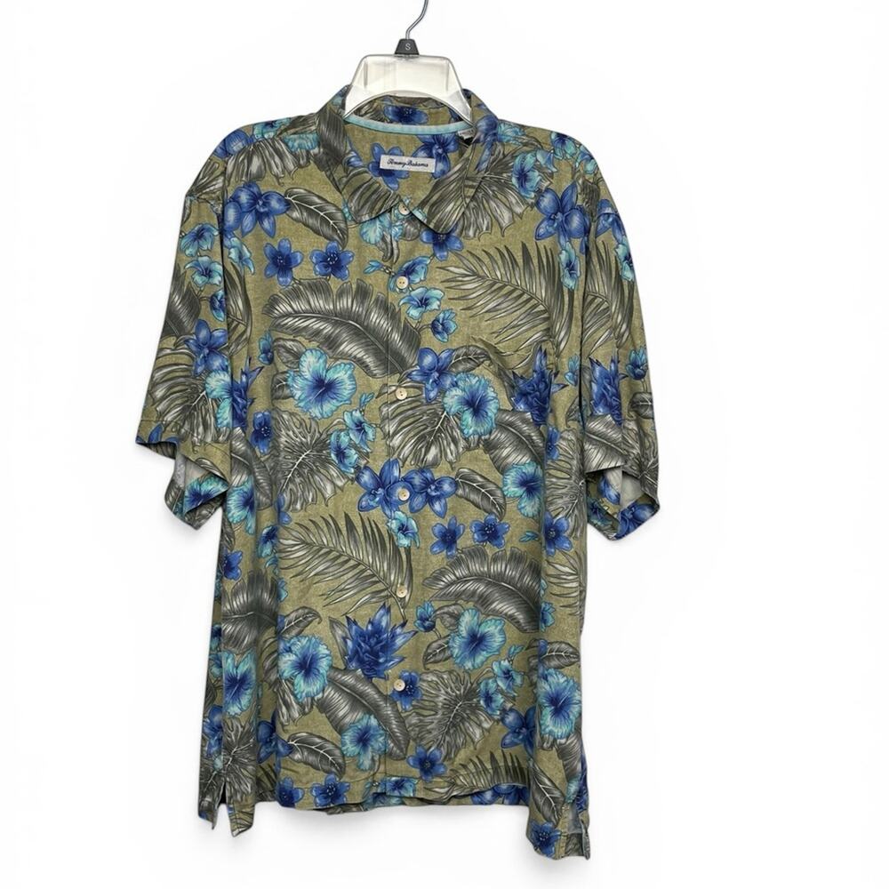 Tommy Bahama green and Blue Tropical Print silk Camp Shirt size XXL